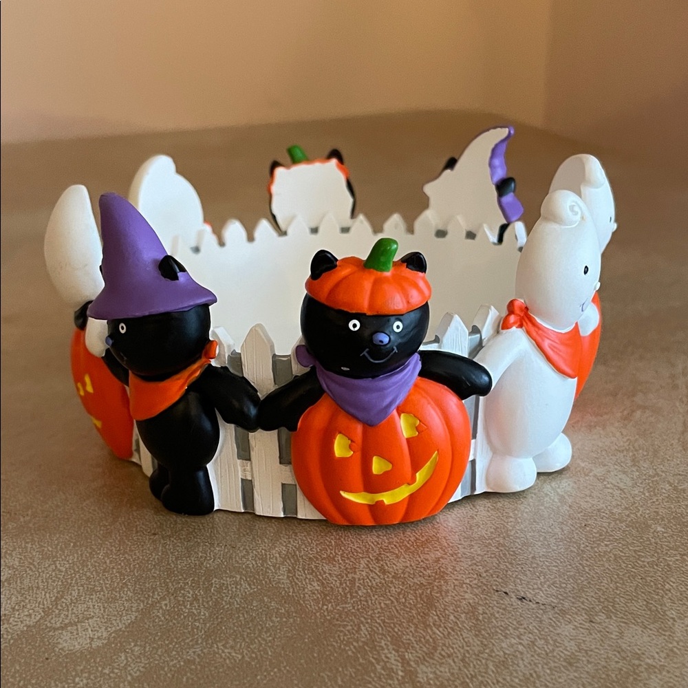 Hallmark Halloween Cat, Witch and Ghost Picket Fence Pillar Candle Holder